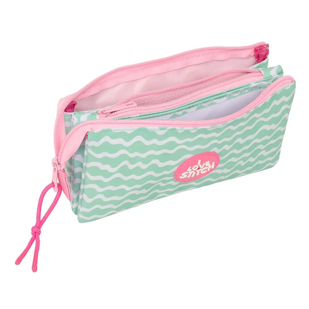 Estojo triplo infantil Stitch com zíperes verde e rosa. 3/3