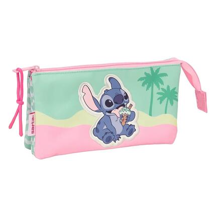 Estuche Portatodo Triple Infantil Stitch y Angel con 3 Cremalleras Rosa