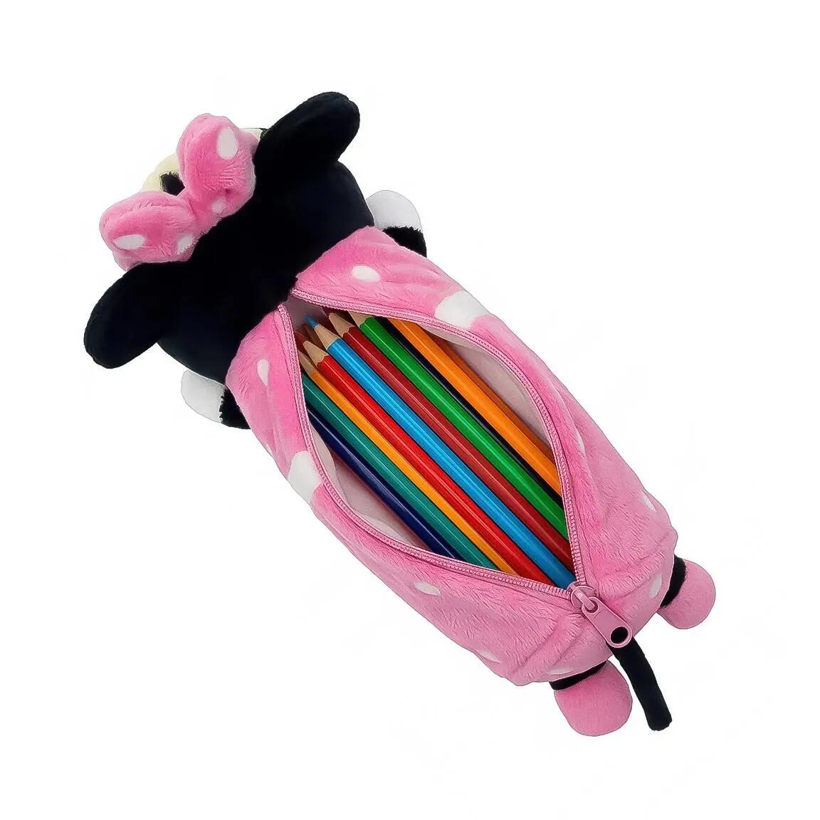 Estojo infantil de pelúcia da Minnie Mouse com zíper, rosa, em poliéster. 6/7