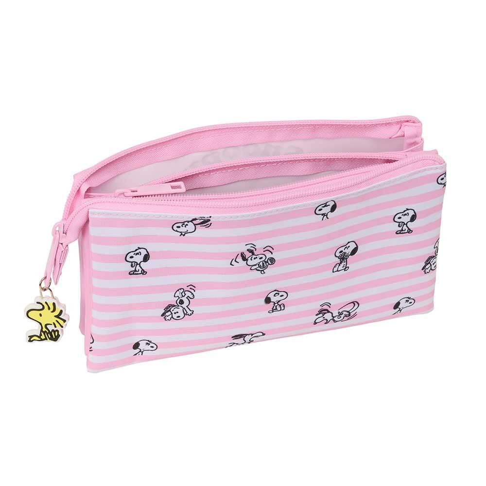 Astuccio triplo di Snoopy per bambini con 3 scomparti e cerniere, rosa 3/3