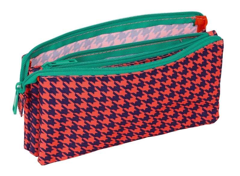 Astuccio per bambini con fantasia pied de poule color corallo e 3 cerniere. 5/5
