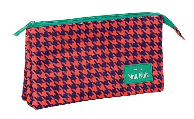 Astuccio per bambini con fantasia pied de poule color corallo e 3 cerniere. 4/5