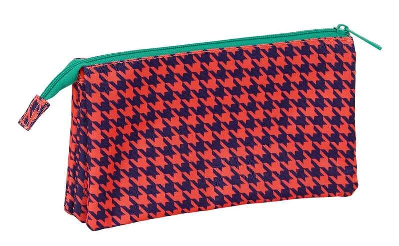 Astuccio per bambini con fantasia pied de poule color corallo e 3 cerniere. 2/5