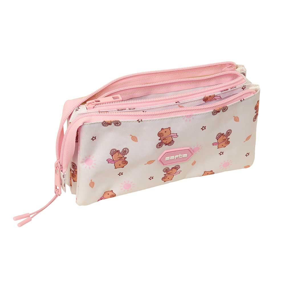 Estojo infantil triplo Capybara com 3 compartimentos e zíper rosa. 3/3