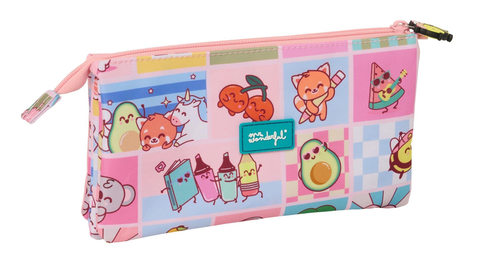 Astuccio triplo per matite Mr. Wonderful Comic con cerniera, rosa, per bambini. 2/3