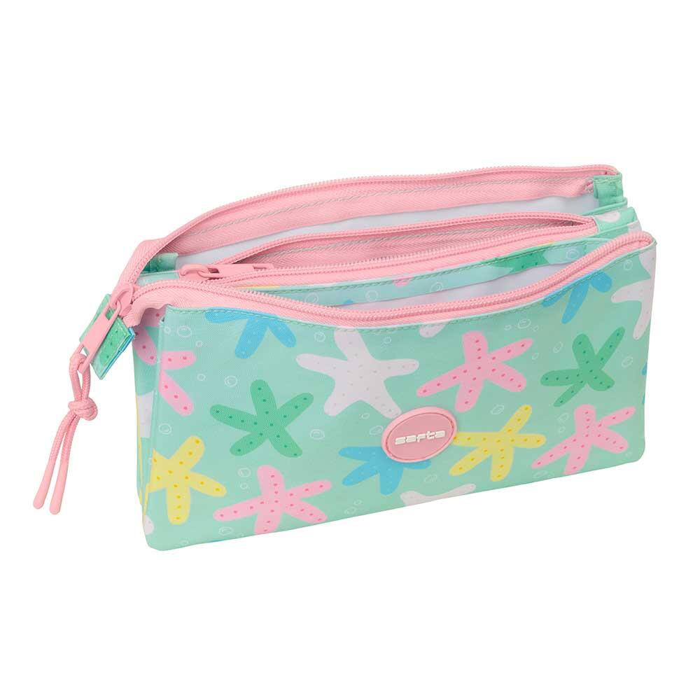 Astuccio triplo per bambini con design a stelle, 3 scomparti e cerniera, verde. 3/3
