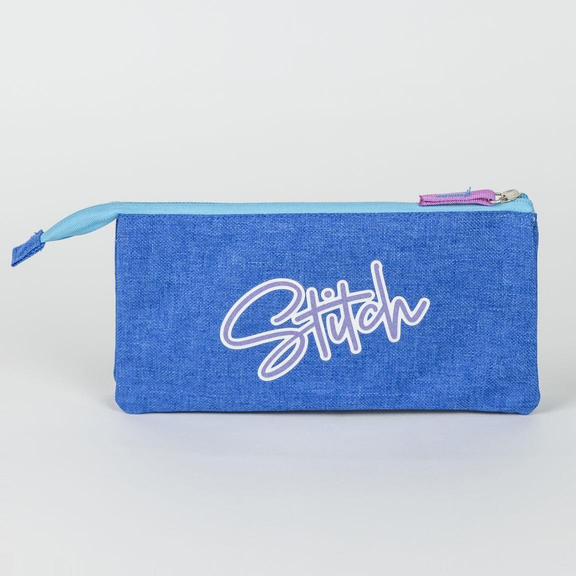 Trousse à crayons Stitch pour enfants, triple compartiment en polyester, 22,5 x 2/4