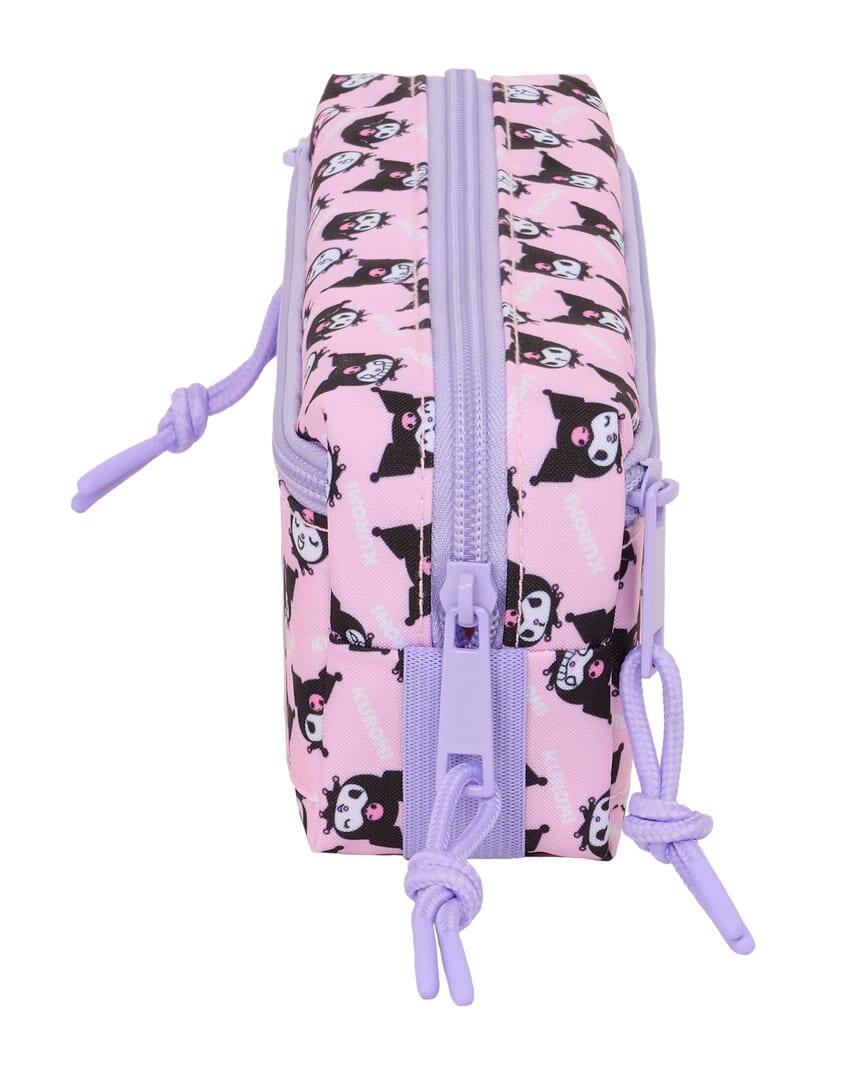 Trousse à crayons Kuromi pour enfants, 22 cm, rose, avec 3 fermetures éclair et 3/4
