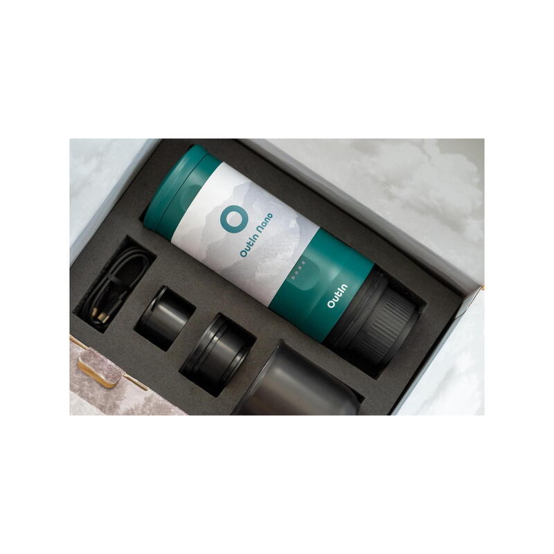 Kit OutIn Nano espressor electric portabil + husă EVA – turcoaz