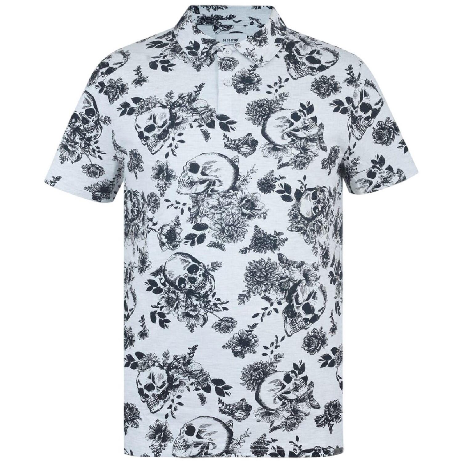 Firetrap Mens Floral Skull All-Over Print Polo Shirt