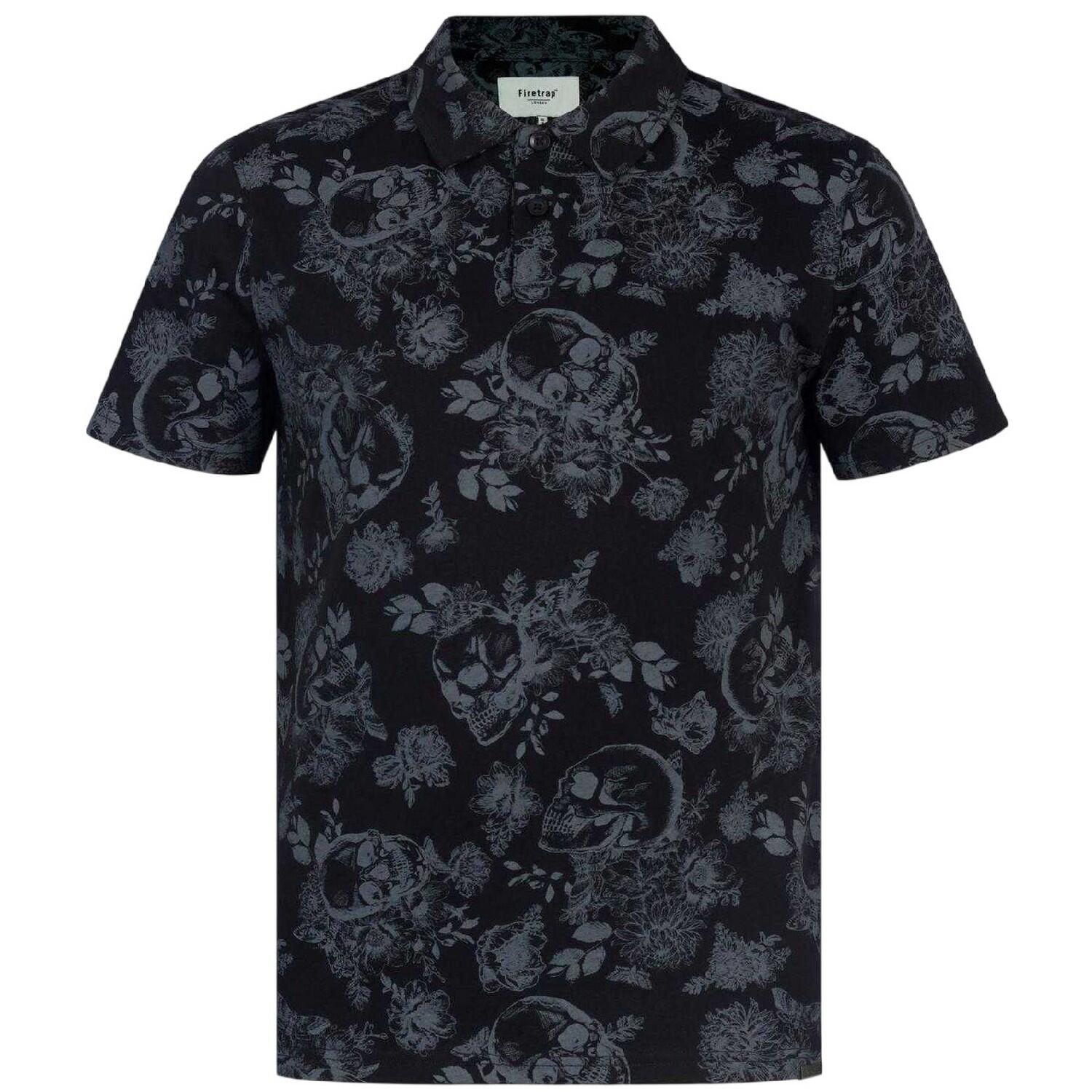 Firetrap Mens Floral Skull All-Over Print Polo Shirt