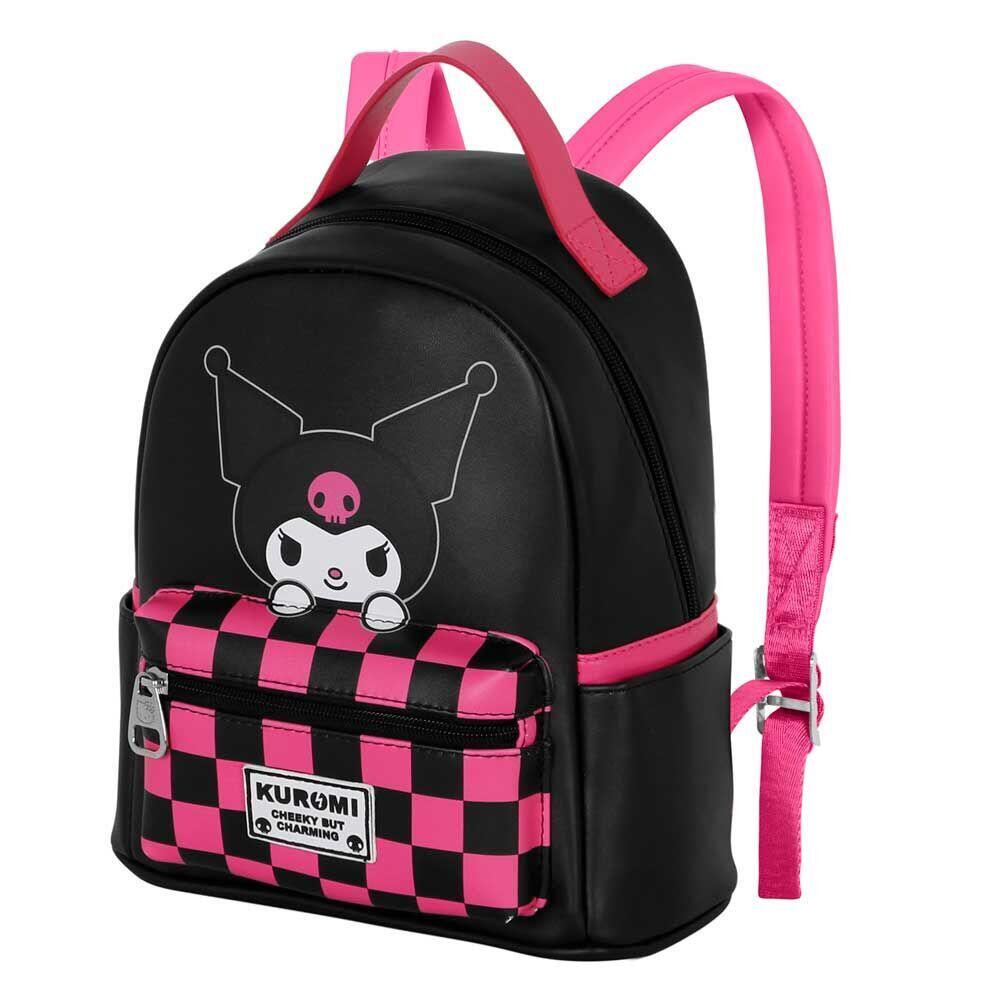Mochila infantil Kuromi Hello Kitty de 44 cm com bolso frontal, preta e rosa. 3/3