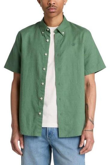 TIMBERLAND - Camicia uomo slim in misto lino e cotone verde bosco.