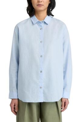 Blouse dames - lange mouw relaxed linnen-katoen - wit/lichtblauw