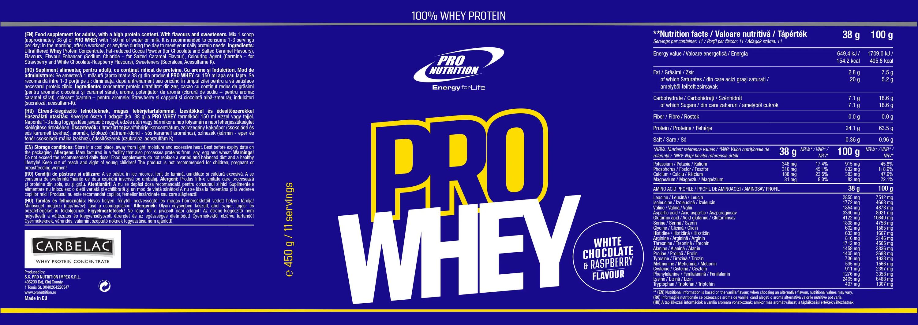 Proteine din zer concentrat, Pro Whey White Chocolate Raspberry 450g 4/4