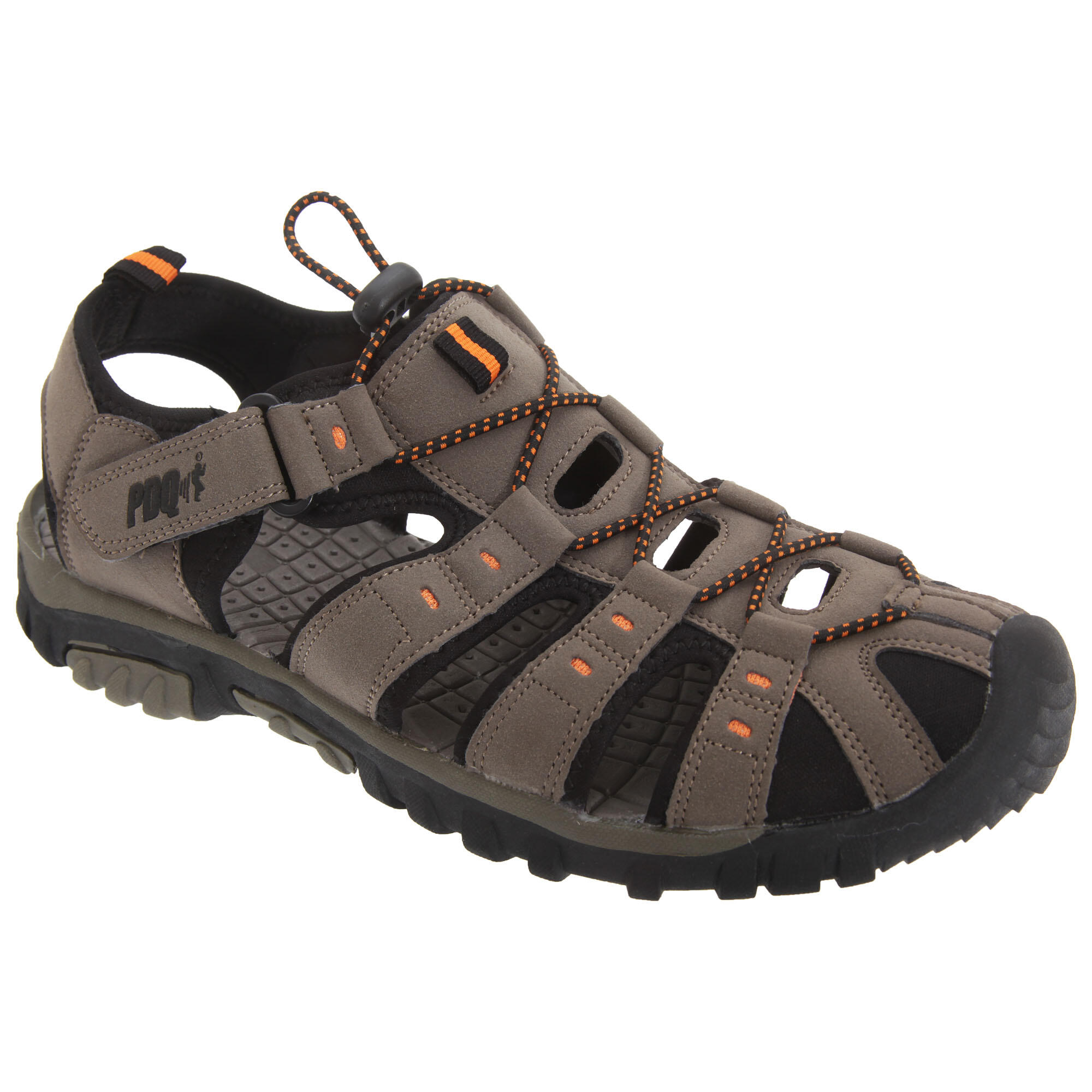 PDQ Mens Toggle & Touch Fastening Synthetic Nubuck Trail Sandals (Dark Taupe/Orange)