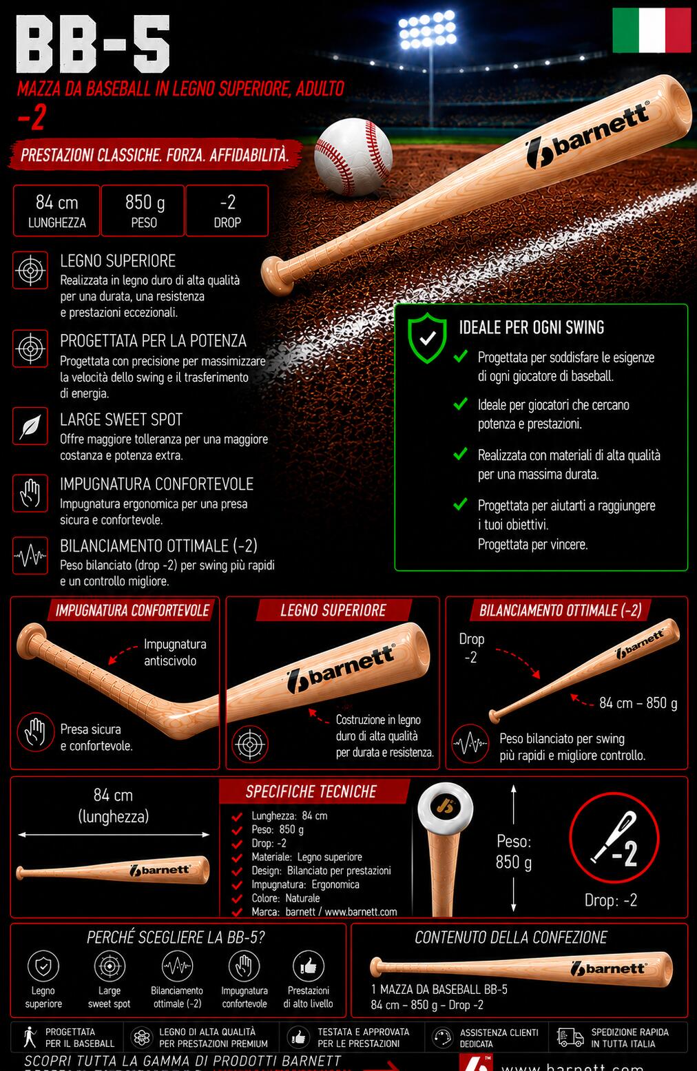 Kij baseballowy drewniany dla dorosłych BB-5 6/7