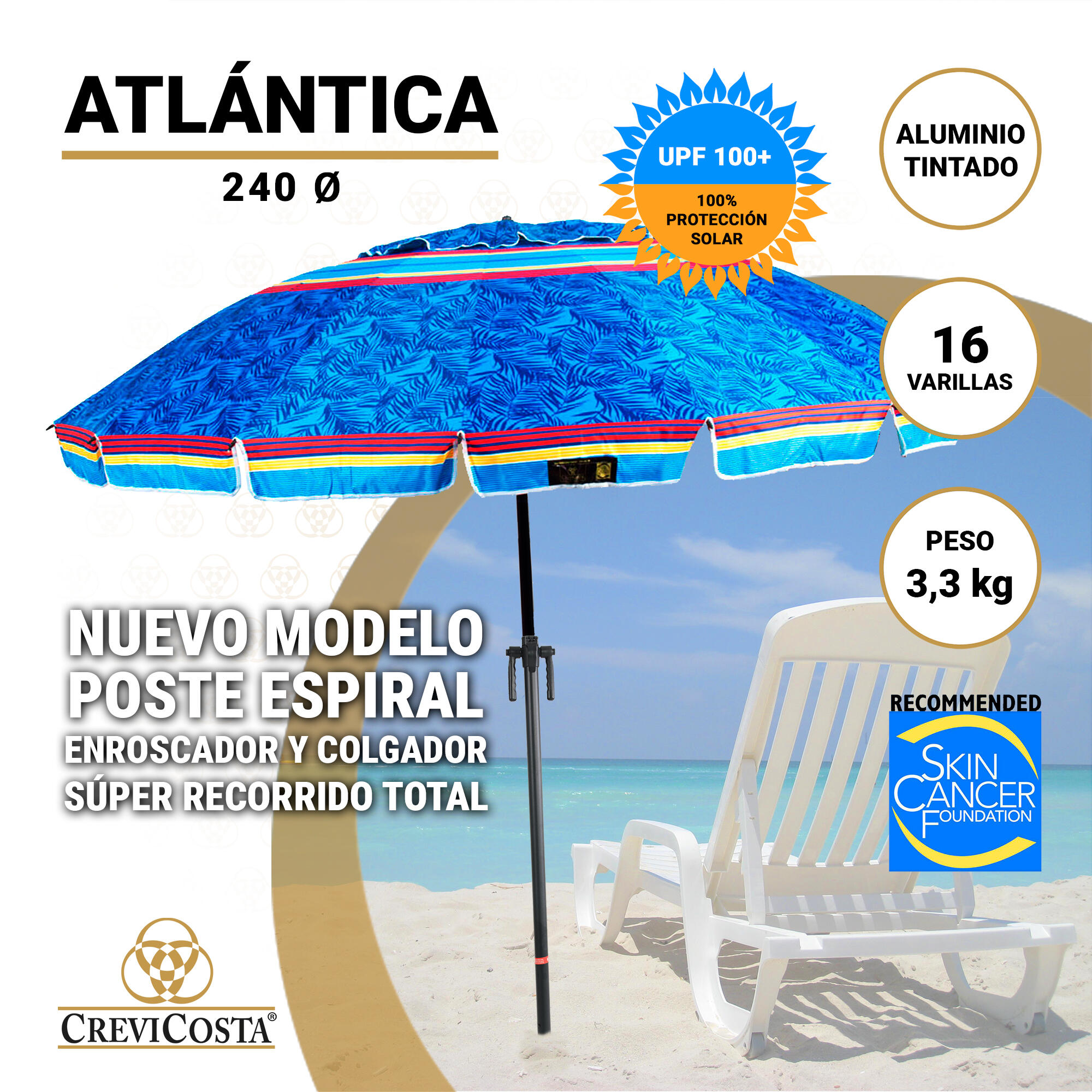 Sombrilla 240 cm NUEVO poste enroscador y colgador - CREVICOSTA Atlántica 2/6