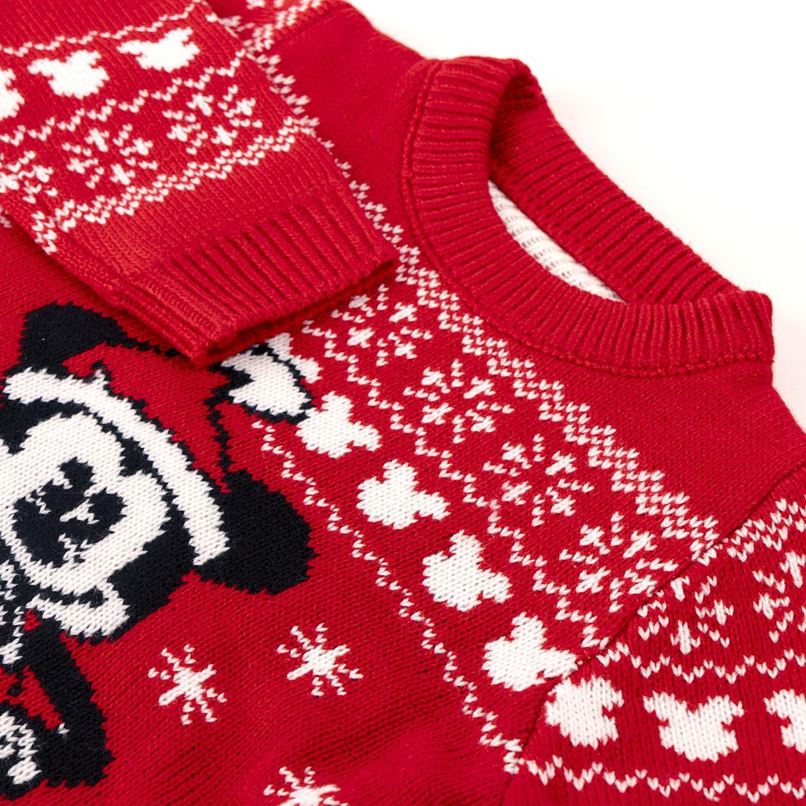 Suéter infantil de Natal do Mickey Mouse em tricô com gola redonda vermelha. 3/3