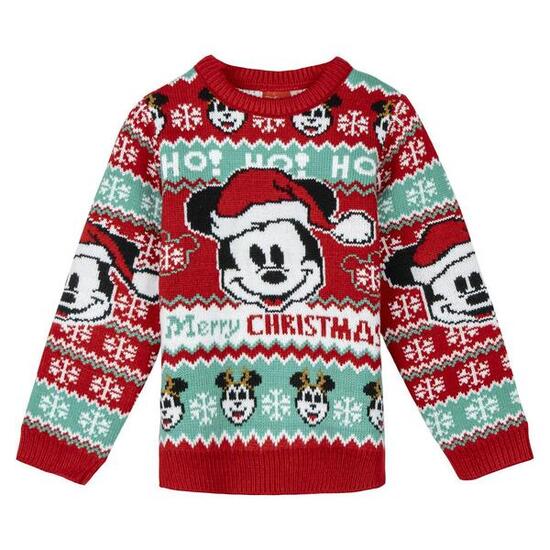 Pull de Noël Mickey Mouse pour enfant, maille douce, 100 % polyester, rouge