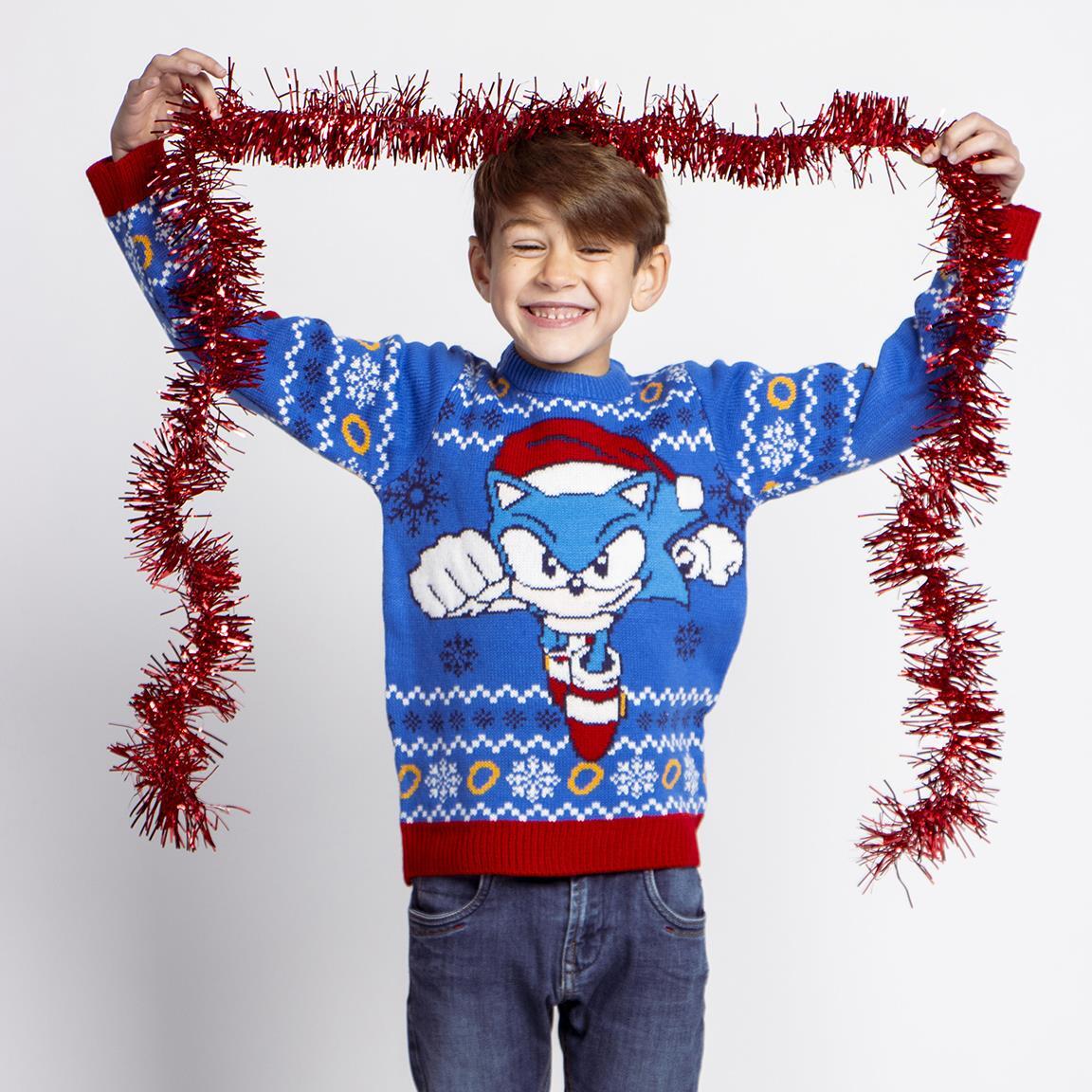 Sonic Kinder-Weihnachtspullover, weich gestrickt mit Rundhalsausschnitt, blau 4/5