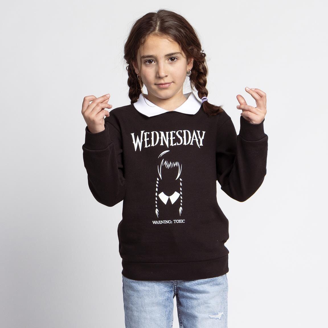 Felpa da bambino Wednesday in morbido cotone con colletto a contrasto - Nera 4/5