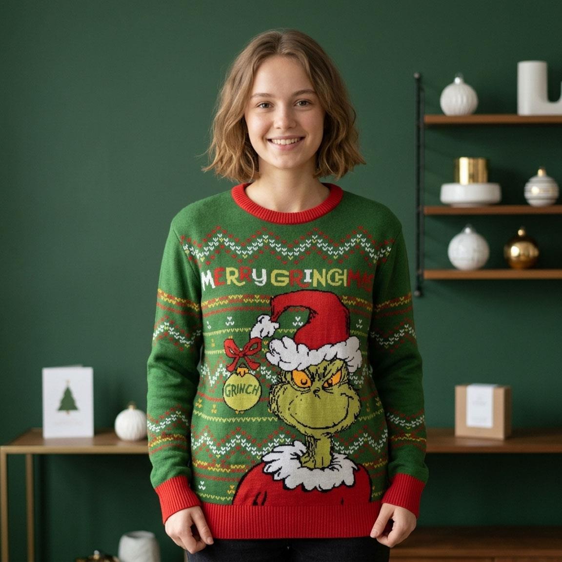 Maglione natalizio da adulto con il Grinch, in morbida maglia, verde e rosso 5/5