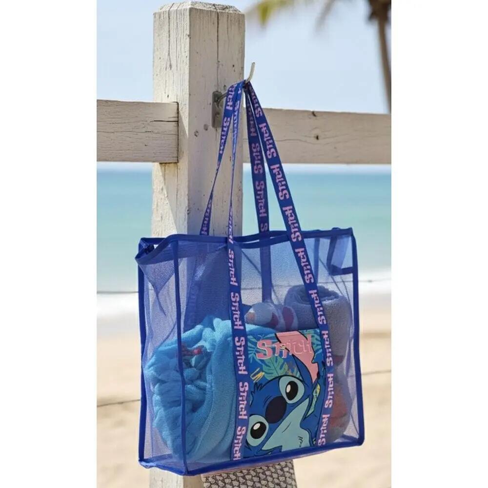 Borsa da spiaggia Stitch Kids in rete con manici robusti, colore blu 2/4