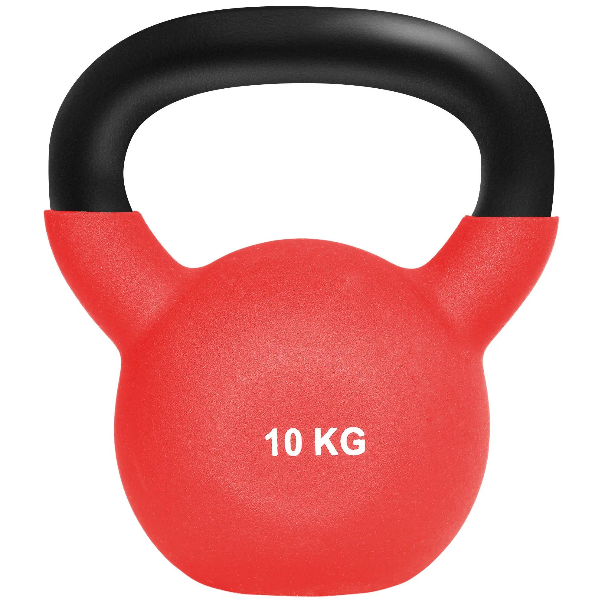 Kettlebell 10 Kg en métal large poignée antidérapante fond plat rouge noir 1/5