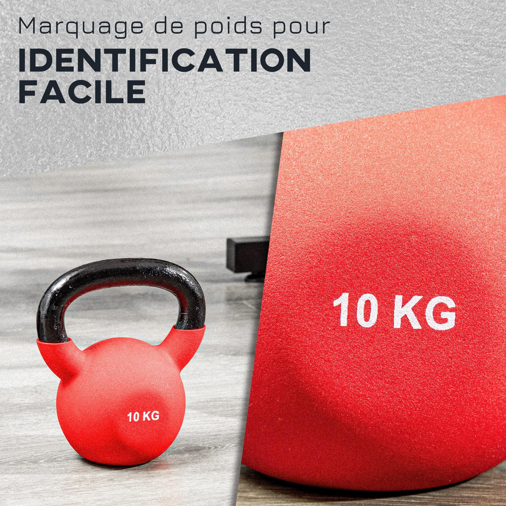 Kettlebell 10 Kg en métal large poignée antidérapante fond plat rouge noir 5/5