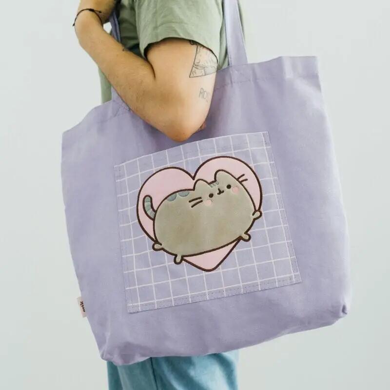 Borsa per la spesa Pusheen da adulto in cotone con cerniera e tasca, lilla 3/4
