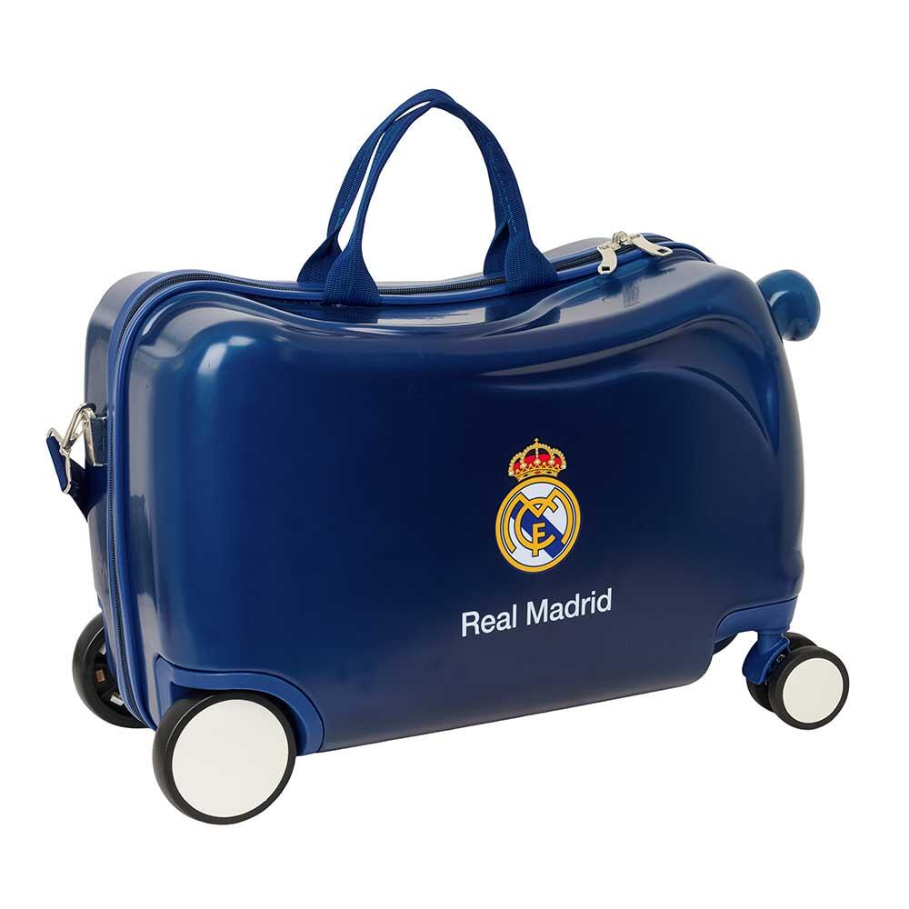 Carrinho infantil Real Madrid com rodas giratórias e alça de ombro em ABS azul 1/4