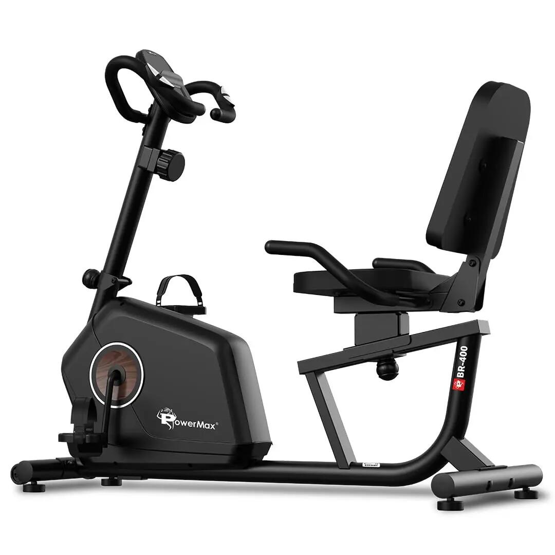 PowerMax Fitness BR-400 Recumbent Exercise Bike for Home | 120kg Max User gym cycle, 6KG Flywheel, 8-Level Magnetic Resistance | Adjustable Seat, LCD Display, Mobile Holder | Quiet Belt Drive Cardio -  1