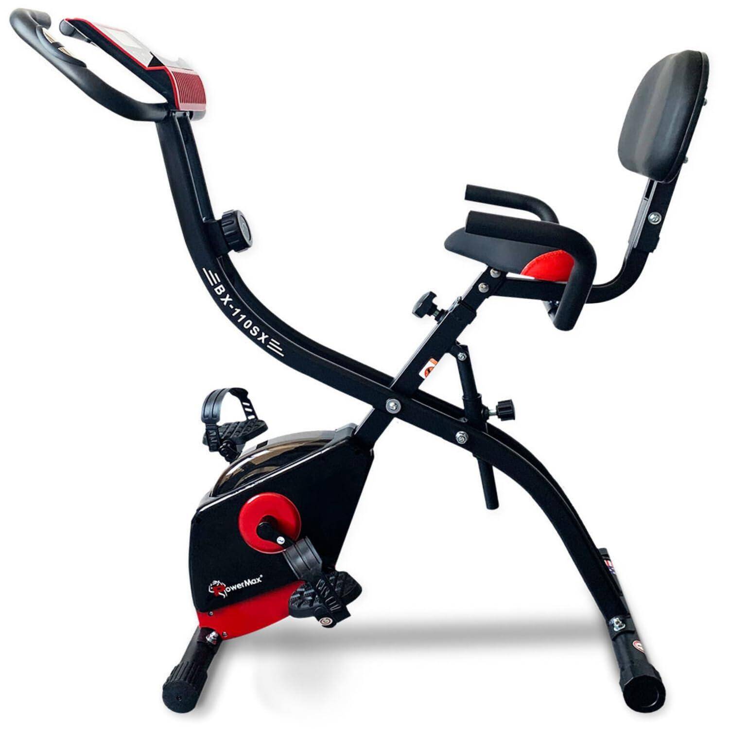 PowerMax Fitness BX-110SX Foldable X-Bike with 8-Level Magnetic Resistance, Backrest, Arm Rests & LCD Monitor for Home Workout -  1