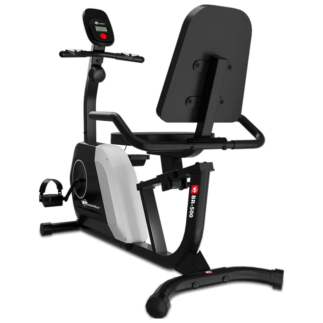 PowerMax Fitness BR-500 Recumbent Exercise Bike for Home | 130KG Max User gym cycle, 6KG Flywheel, 8-Level Magnetic Resistance | Adjustable Seat, LCD Display, Mobile Holder | Quiet Belt Drive Cardio -  1