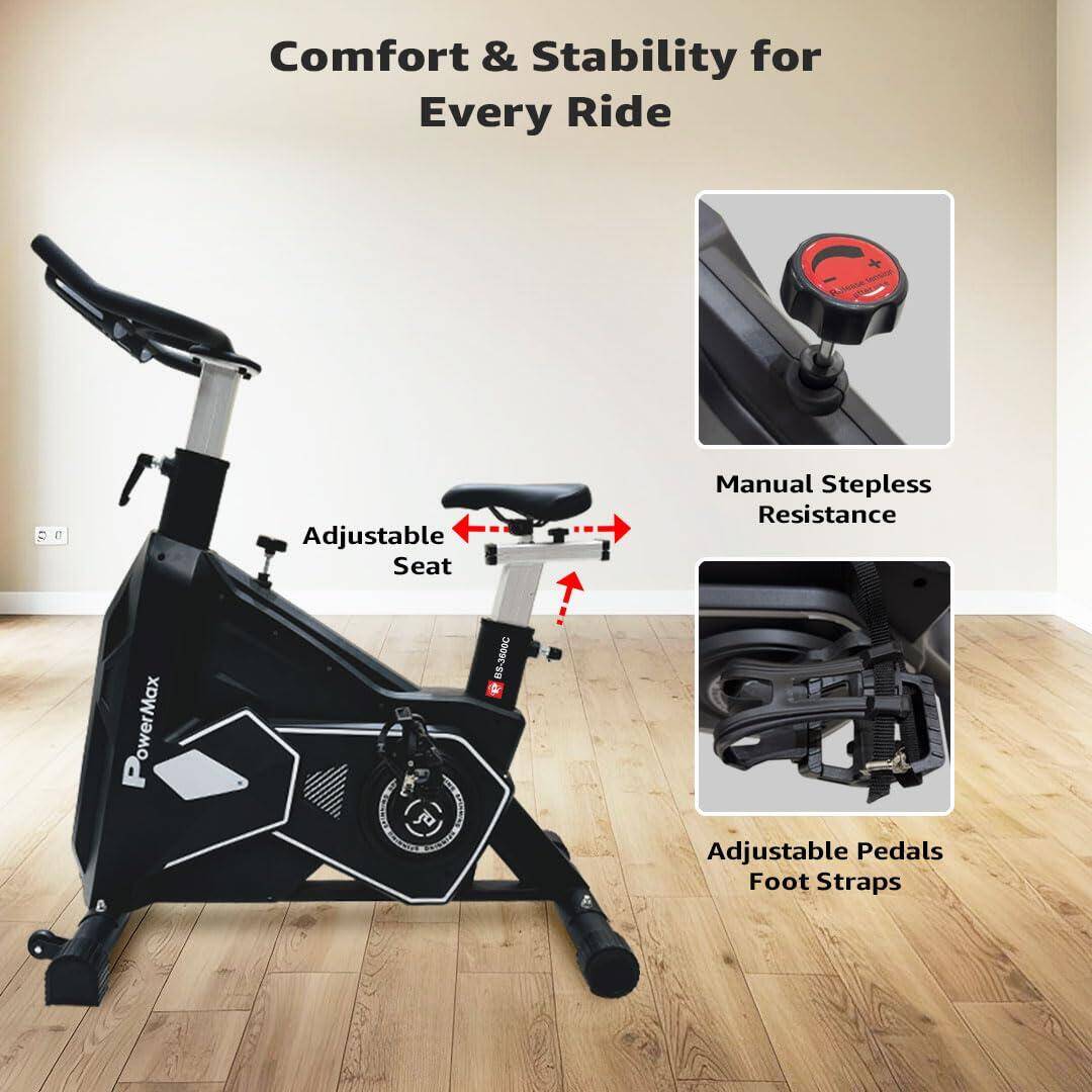 PowerMax Fitness BS-3600C Commercial Spin Exercise Bike, 24 Kg fly wheel, Max user 180kg, Belt drive, Manual braking, 2pc Crank, Adjustable pedal and seat, Leather Cushion seat, Stride Length 400mm -  5
