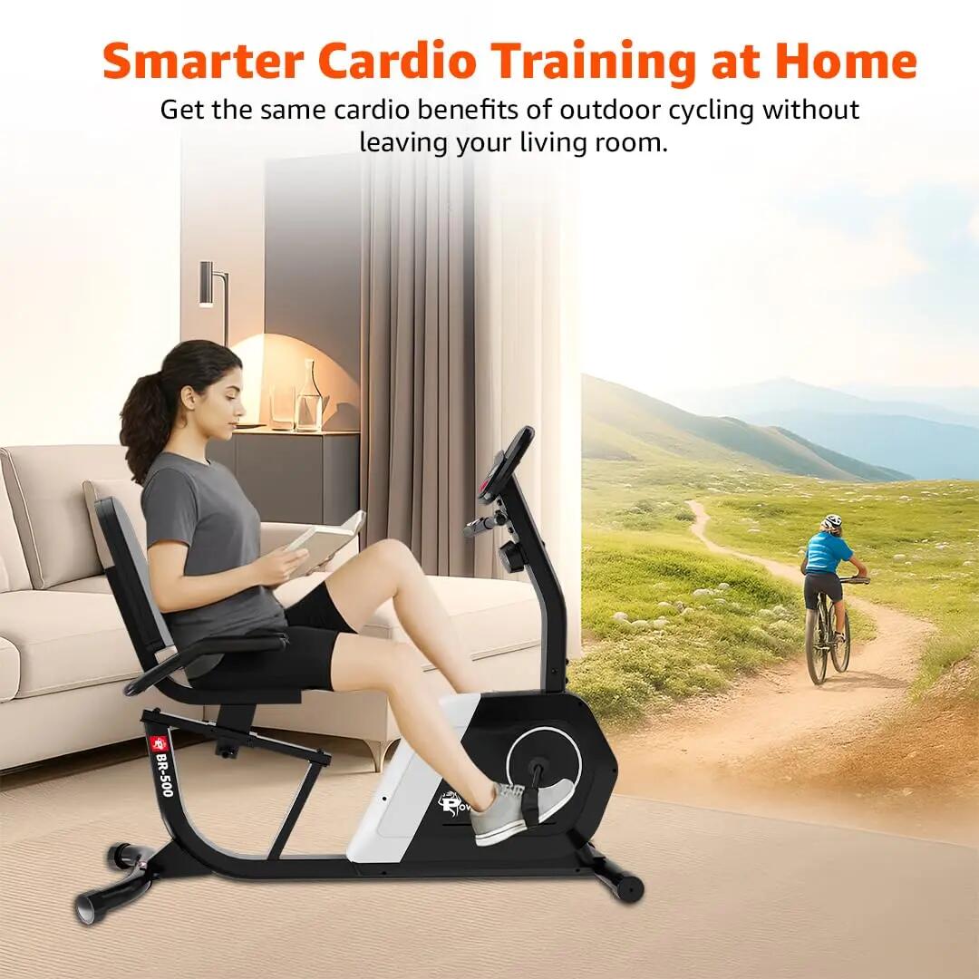 PowerMax Fitness BR-500 Recumbent Exercise Bike for Home | 130KG Max User gym cycle, 6KG Flywheel, 8-Level Magnetic Resistance | Adjustable Seat, LCD Display, Mobile Holder | Quiet Belt Drive Cardio -  5