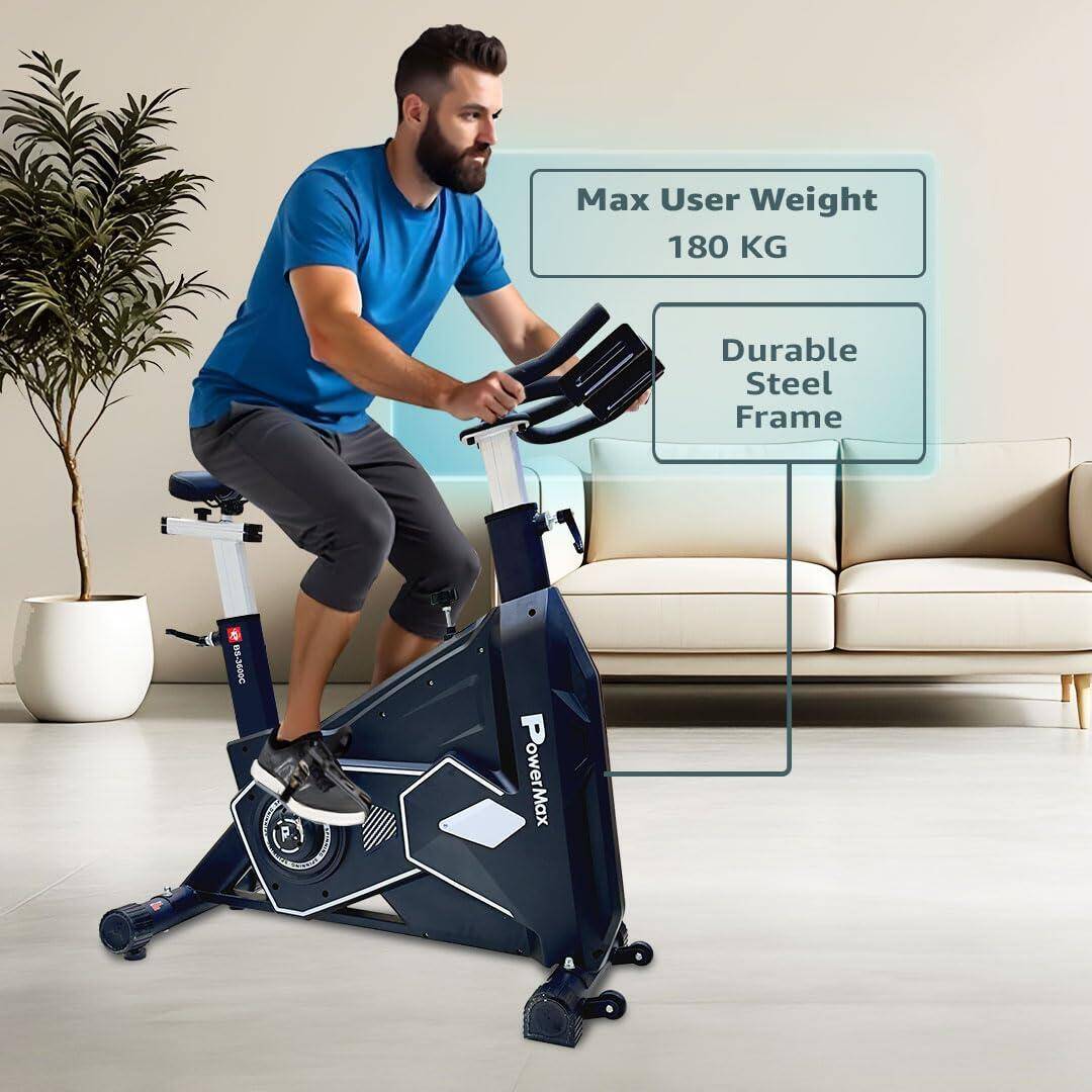 PowerMax Fitness BS-3600C Commercial Spin Exercise Bike, 24 Kg fly wheel, Max user 180kg, Belt drive, Manual braking, 2pc Crank, Adjustable pedal and seat, Leather Cushion seat, Stride Length 400mm -  4