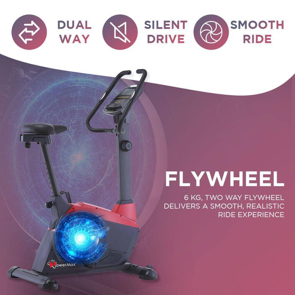 PowerMax Fitness BU-800 Magnetic Upright Bike for Home use, 6kg flywheel, 110kg max user weight, 8 Level tension, 3pcs crank, Multiconsole LCD Display, Hand Pulse Sensor, Adjustable seat, iPad holder -  4