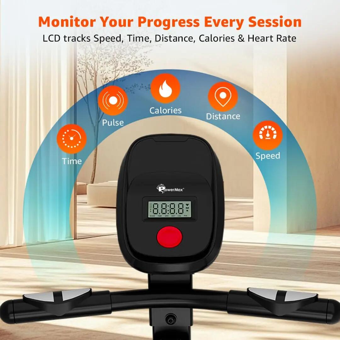 PowerMax Fitness BR-500 Recumbent Exercise Bike for Home | 130KG Max User gym cycle, 6KG Flywheel, 8-Level Magnetic Resistance | Adjustable Seat, LCD Display, Mobile Holder | Quiet Belt Drive Cardio -  4