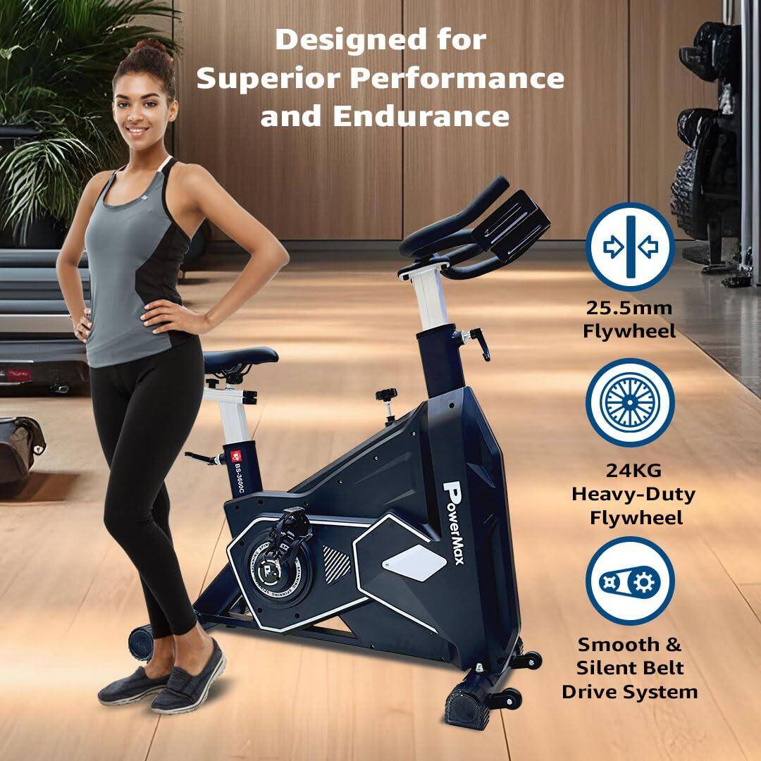 PowerMax Fitness BS-3600C Commercial Spin Exercise Bike, 24 Kg fly wheel, Max user 180kg, Belt drive, Manual braking, 2pc Crank, Adjustable pedal and seat, Leather Cushion seat, Stride Length 400mm -  3