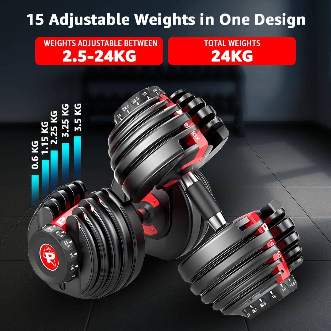 PowerMax Fitness PDA-24 Pro-Adjustable Dumbbell 2.5KG - 24KG Quick Select Weight | Heavy-duty 15-in-1 Dial Change Hand Weight for Home Gym Workout | Strength training equipment for 50lbs-52lbs (Pack of 1) -  3