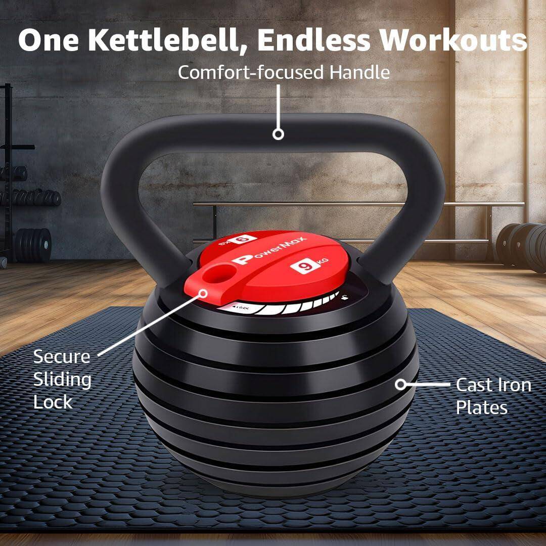 PowerMax Fitness KDA-9: Pro 7-in-1 Adjustable Weight Kettlebell for Home-Gym workout, Heavy-duty Cast Iron Weights 2.5 Lbs to 20 Lbs, Strength training equipment for men women, Functional training kit -  3