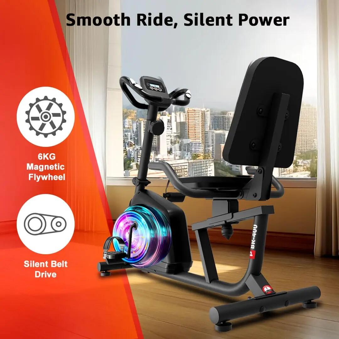 PowerMax Fitness BR-400 Recumbent Exercise Bike for Home | 120kg Max User gym cycle, 6KG Flywheel, 8-Level Magnetic Resistance | Adjustable Seat, LCD Display, Mobile Holder | Quiet Belt Drive Cardio -  3