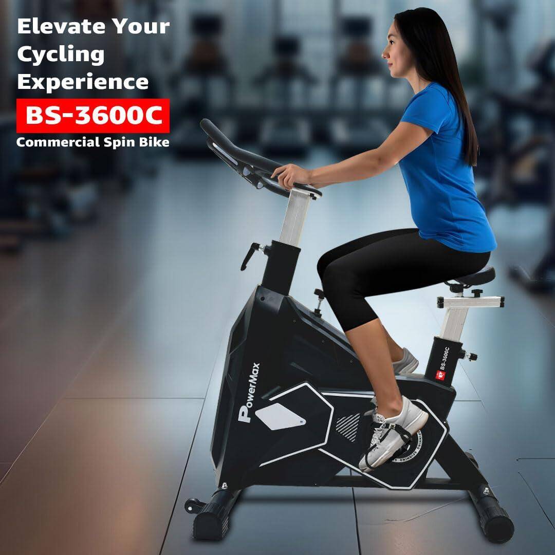 PowerMax Fitness BS-3600C Commercial Spin Exercise Bike, 24 Kg fly wheel, Max user 180kg, Belt drive, Manual braking, 2pc Crank, Adjustable pedal and seat, Leather Cushion seat, Stride Length 400mm -  2