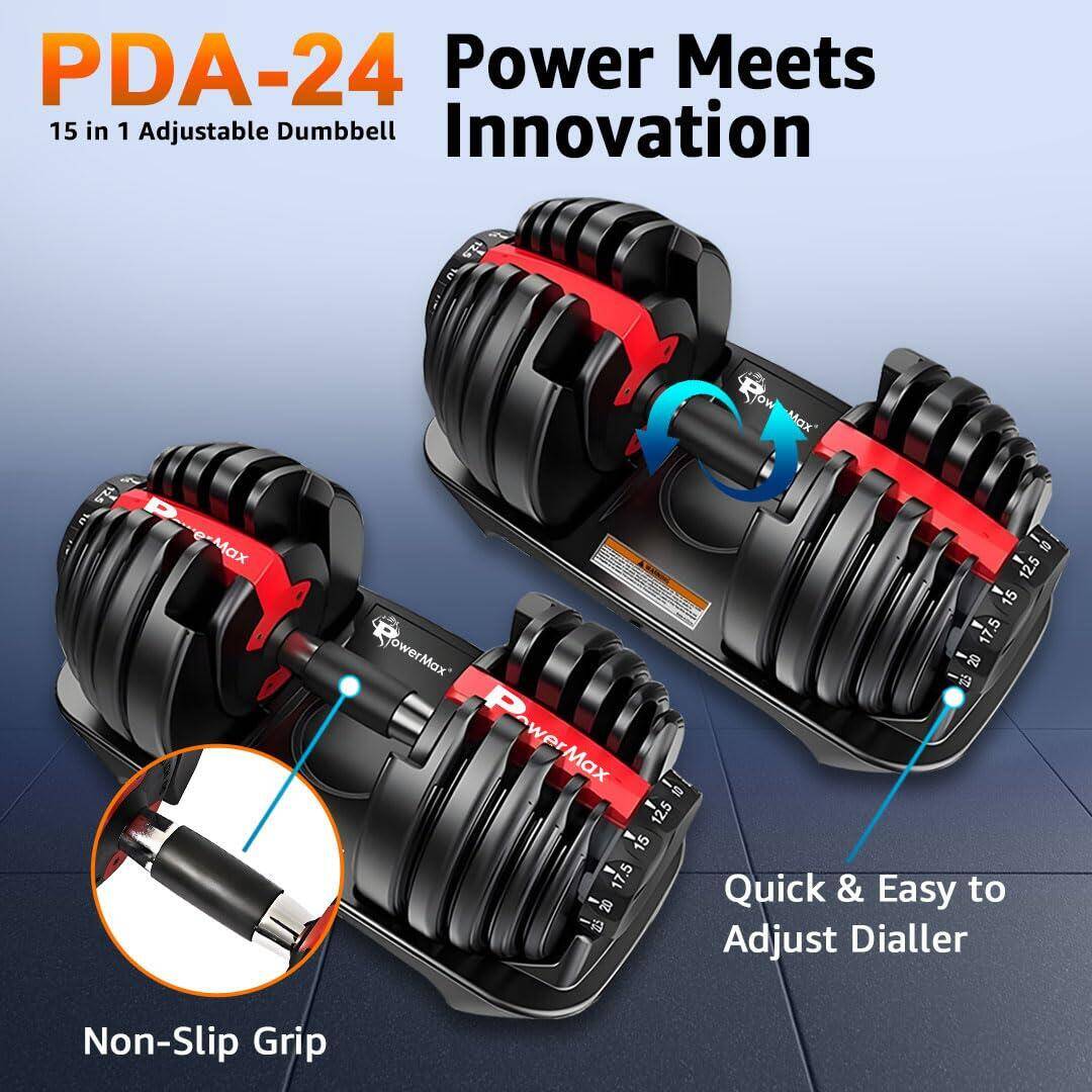 PowerMax Fitness PDA-24 Pro-Adjustable Dumbbell 2.5KG - 24KG Quick Select Weight | Heavy-duty 15-in-1 Dial Change Hand Weight for Home Gym Workout | Strength training equipment for 50lbs-52lbs (Pack of 1) -  2