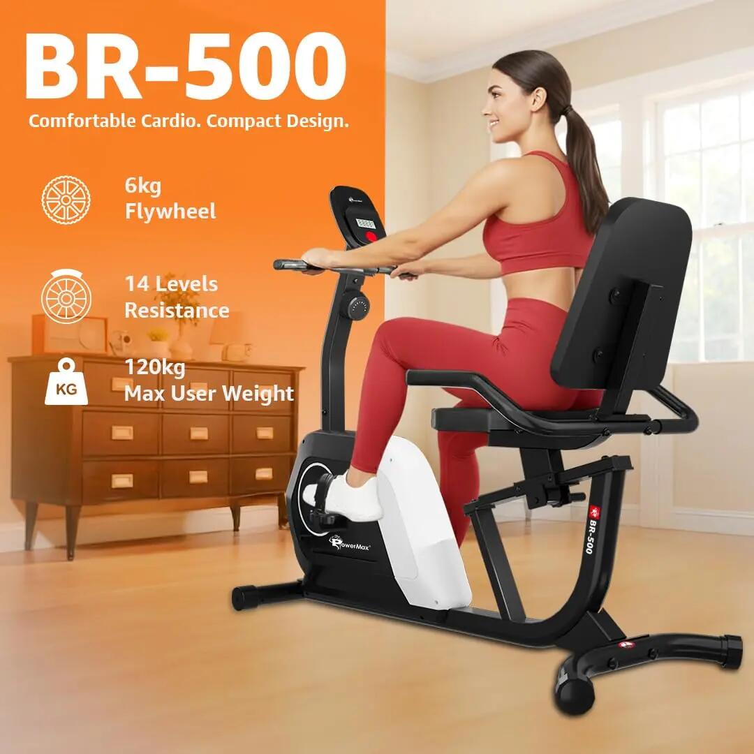 PowerMax Fitness BR-500 Recumbent Exercise Bike for Home | 130KG Max User gym cycle, 6KG Flywheel, 8-Level Magnetic Resistance | Adjustable Seat, LCD Display, Mobile Holder | Quiet Belt Drive Cardio -  2
