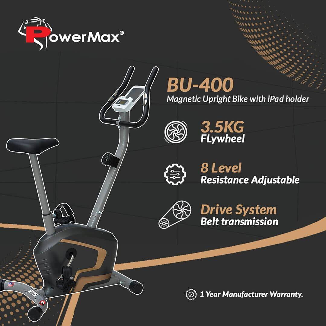 PowerMax Fitness BU-400 Upright Exercise Bike for Home, 4KG Flywheel, 8-Level Magnetic Resistance, Vertical Adjustable Seat -  2