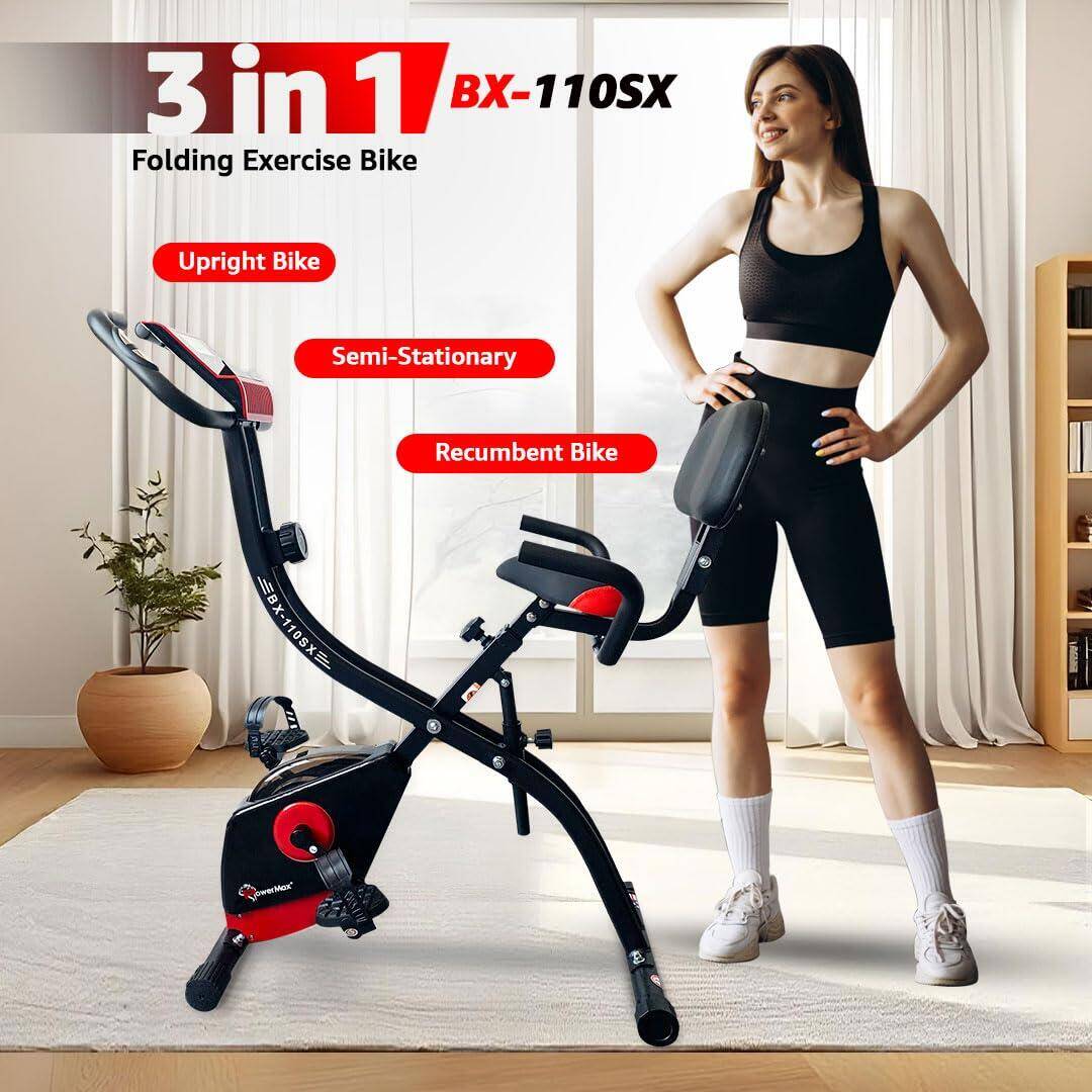PowerMax Fitness BX-110SX Foldable X-Bike with 8-Level Magnetic Resistance, Backrest, Arm Rests & LCD Monitor for Home Workout -  2