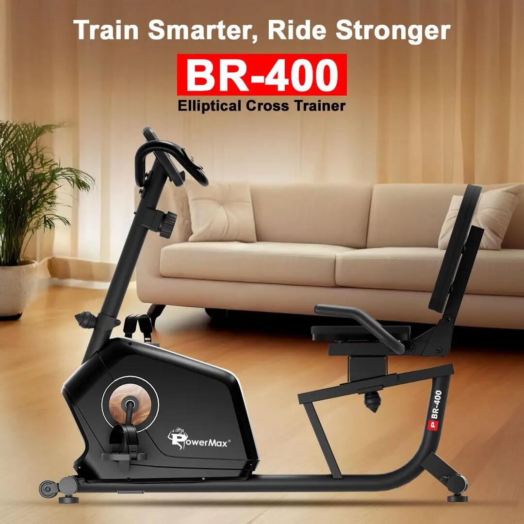 PowerMax Fitness BR-400 Recumbent Exercise Bike for Home | 120kg Max User gym cycle, 6KG Flywheel, 8-Level Magnetic Resistance | Adjustable Seat, LCD Display, Mobile Holder | Quiet Belt Drive Cardio -  2